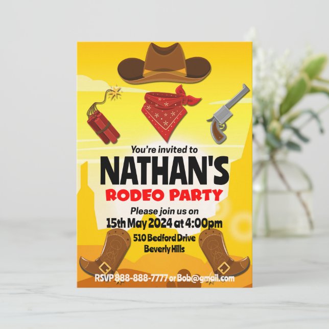 Invitación de cumpleaños de Cowboy editable (Anverso de pie)
