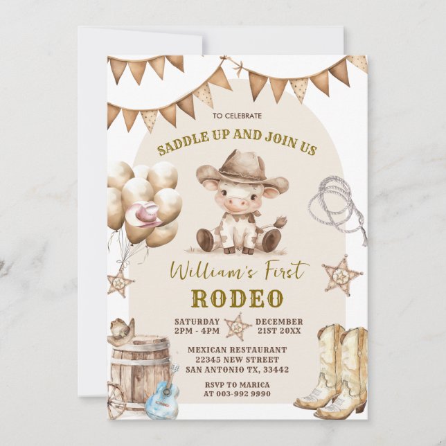 Invitación de cumpleaños de Cowboy First Rodeo Bal (Anverso)