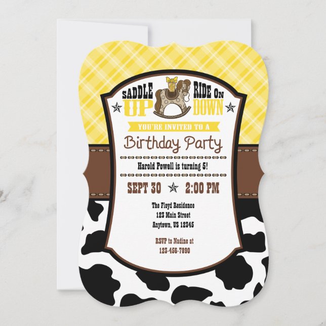 Invitación de cumpleaños de Cowboy, Piel de vaca a (Anverso)