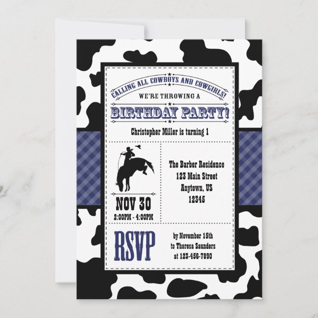 Invitación de cumpleaños de Cowboy Piel de vaca az (Anverso)