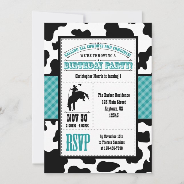 Invitación de cumpleaños de Cowboy Piel de vaca az (Anverso)
