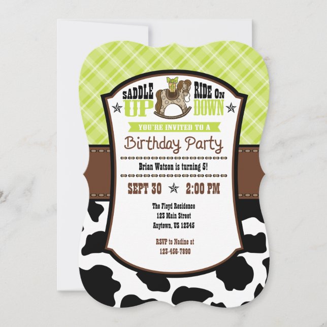 Invitación de cumpleaños de Cowboy, Piel de vaca d (Anverso)