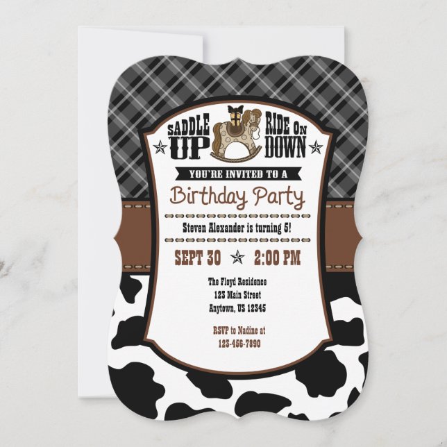 Invitación de cumpleaños de Cowboy, Piel de vaca d (Anverso)