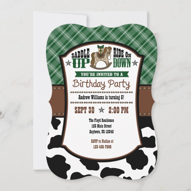 Invitación de cumpleaños de Cowboy, Piel de vaca d (Anverso)