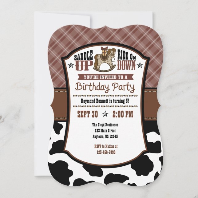 Invitación de cumpleaños de Cowboy, Piel de vaca d (Anverso)