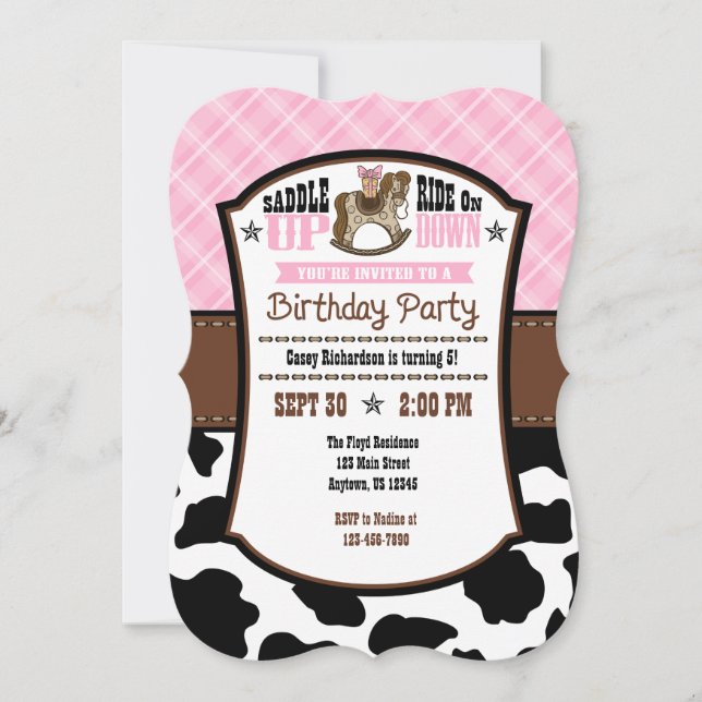 Invitación de cumpleaños de Cowboy, Piel de vaca d (Anverso)
