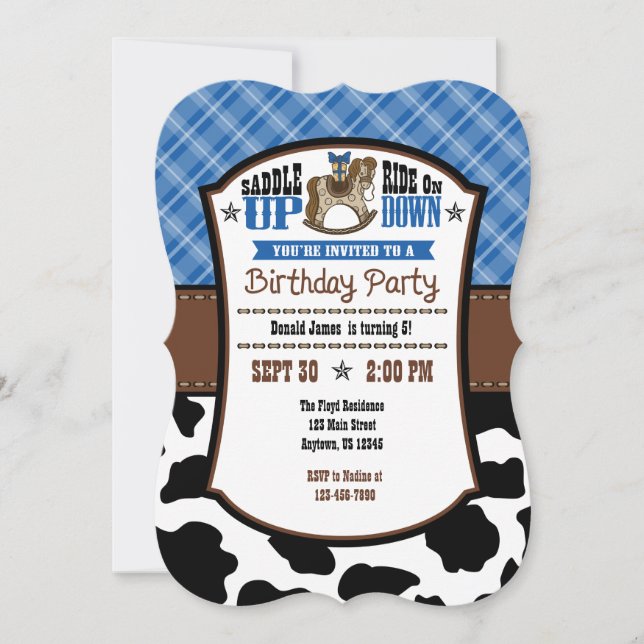 Invitación de cumpleaños de Cowboy Piel de vaca de (Anverso)