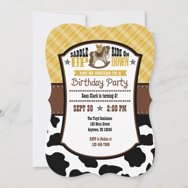 Invitación de cumpleaños de Cowboy Piel de vaca de (Anverso)
