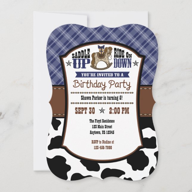 Invitación de cumpleaños de Cowboy Piel de vaca de (Anverso)
