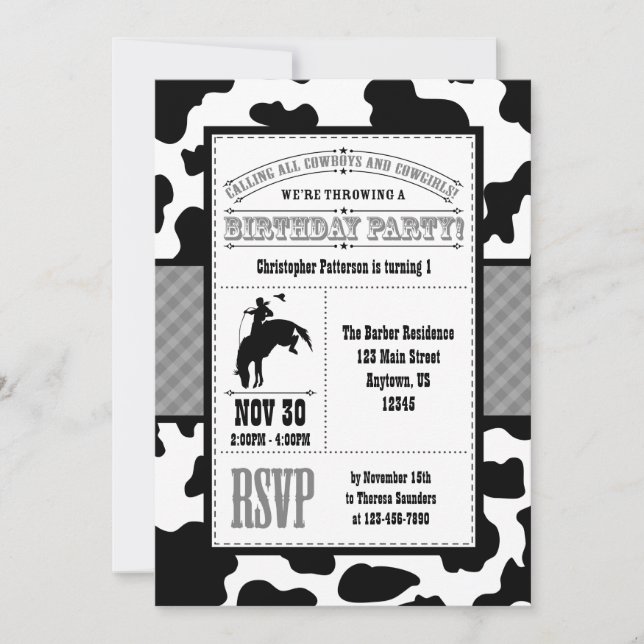 Invitación de cumpleaños de Cowboy Piel de vaca gr (Anverso)