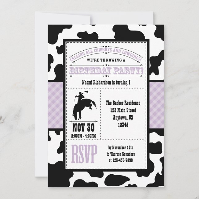 Invitación de cumpleaños de Cowboy Piel de vaca La (Anverso)