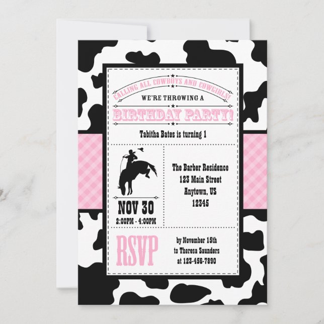 Invitación de cumpleaños de Cowboy Piel de vaca ro (Anverso)