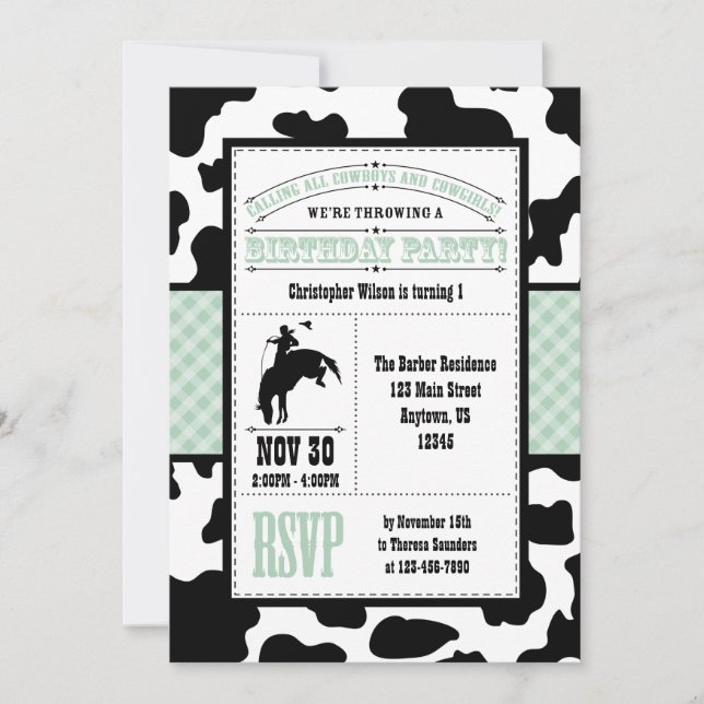 Invitación de cumpleaños de Cowboy Piel de vaca ve (Anverso)