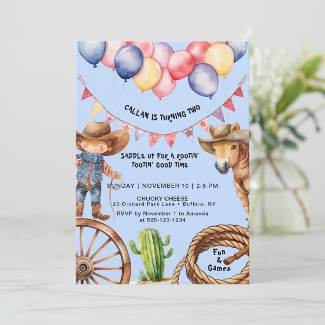 Invitación de cumpleaños de Cowboy Rootin'Rootin' (Anverso de pie)