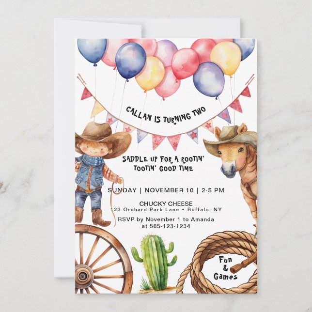 Invitación de cumpleaños de Cowboy Rootin'Rootin' (Anverso)