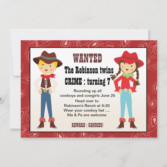 Invitación de cumpleaños de cowboy y cowgirl (Anverso)