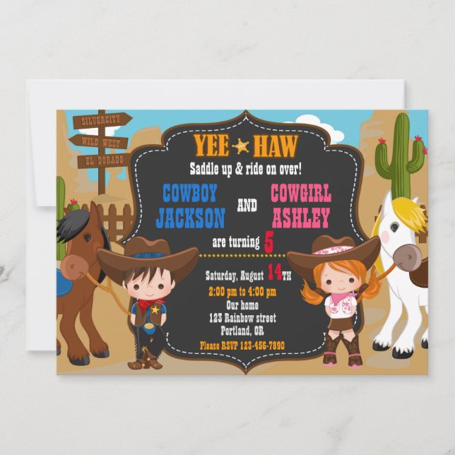 Invitación de cumpleaños de Cowboy y Cowgirl Wild  (Anverso)