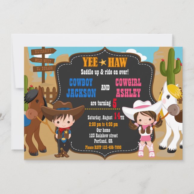 Invitación de cumpleaños de Cowboy y Cowgirl Wild  (Anverso)
