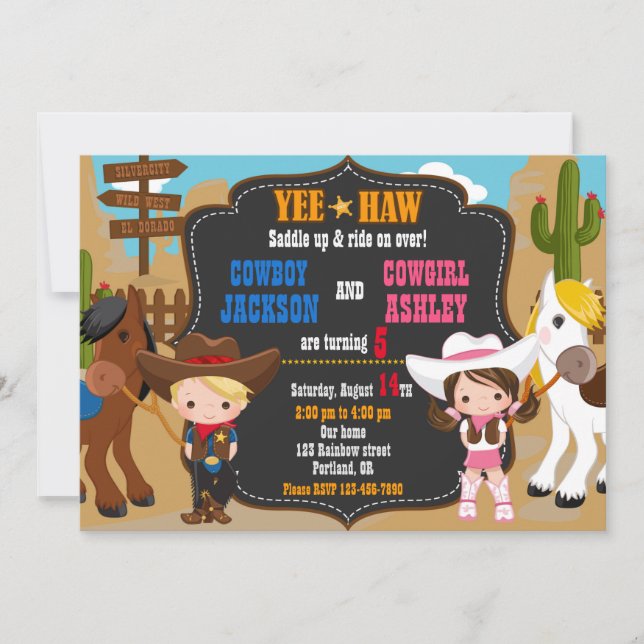 Invitación de cumpleaños de Cowboy y Cowgirl Wild  (Anverso)