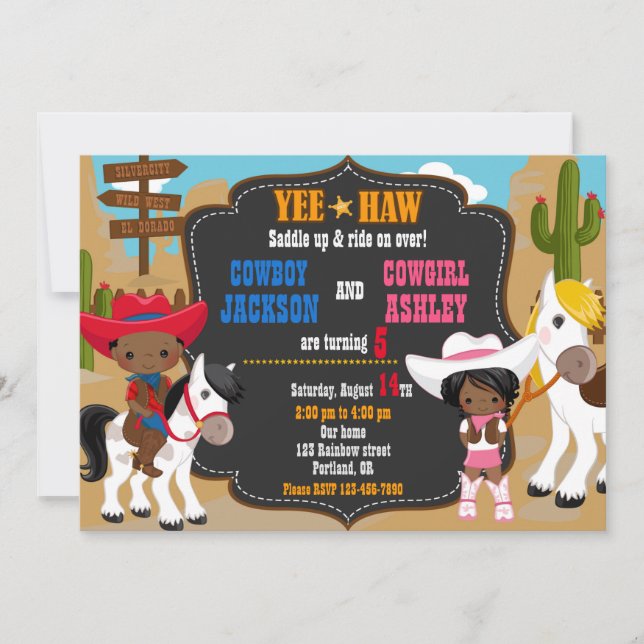 Invitación de cumpleaños de Cowboy y Cowgirl Wild  (Anverso)
