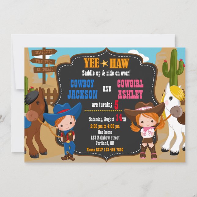 Invitación de cumpleaños de Cowboy y Cowgirl Wild  (Anverso)