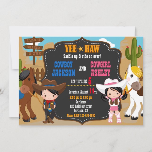 Invitación de cumpleaños de Cowboy y Cowgirl Wild  (Anverso)