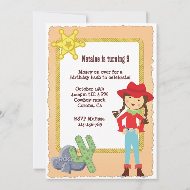 Invitación de cumpleaños de Cowgirl (Anverso)