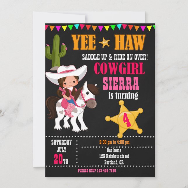 Invitación de cumpleaños de Cowgirl (Anverso)