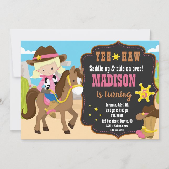 Invitación de cumpleaños de Cowgirl (Anverso)