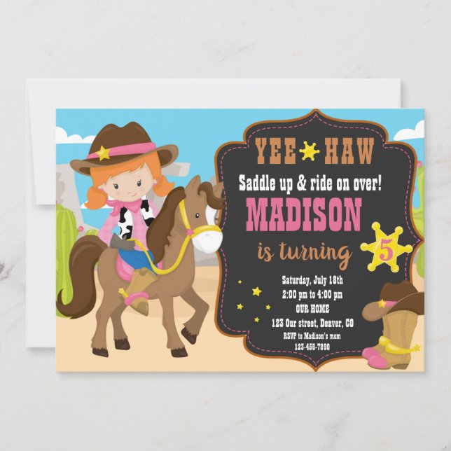 Invitación de cumpleaños de Cowgirl (Anverso)