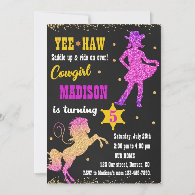 Invitación de cumpleaños de Cowgirl (Anverso)