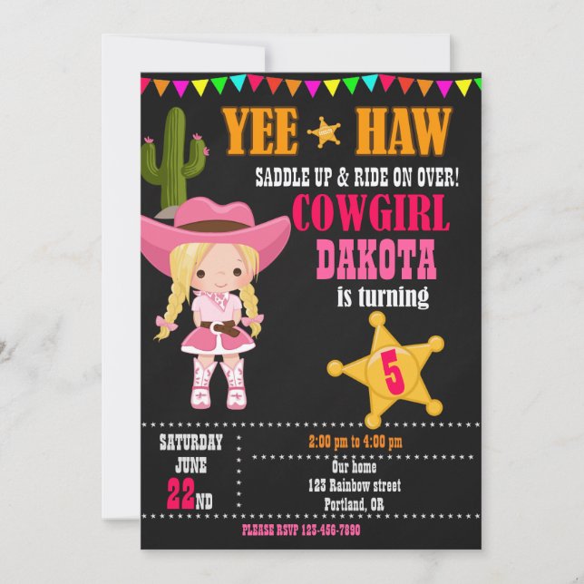 Invitación de cumpleaños de Cowgirl Country Wester (Anverso)
