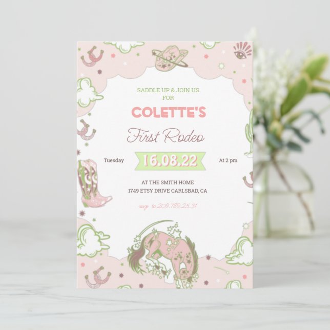 Invitación de cumpleaños de Cowgirl First Rodeo (Anverso de pie)