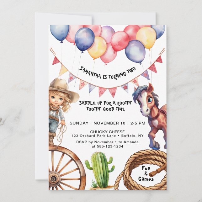 Invitación de cumpleaños de Cowgirl Rootin' Tootin (Anverso)