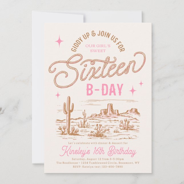 Invitación de cumpleaños de Cowgirl Sweet 16 (Anverso)