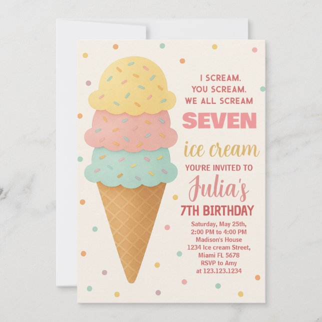 Invitación de cumpleaños de crema de hielo editabl (Anverso)
