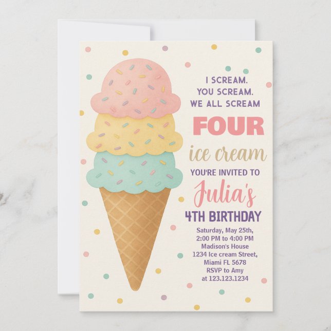 Invitación de cumpleaños de crema de hielo editabl (Anverso)