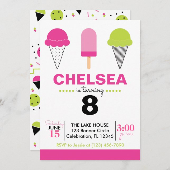 Invitación de cumpleaños de crema de hielo retro - (Anverso / Reverso)