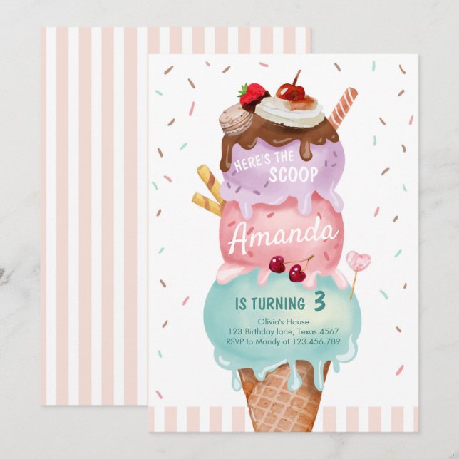 Invitación de cumpleaños de crema de hielo rosa de (Anverso / Reverso)