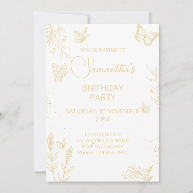 Invitación de cumpleaños de Crema y Mariposa de Or (Anverso)