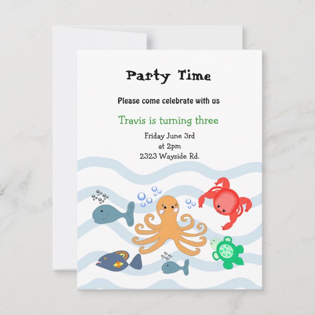 Invitación de cumpleaños de criaturas marinas (Anverso)