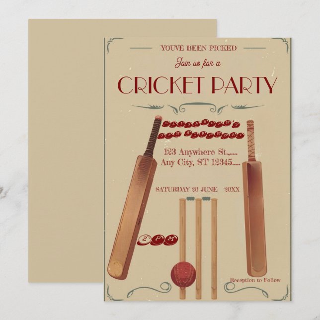 Invitación de cumpleaños de cricket (Anverso / Reverso)