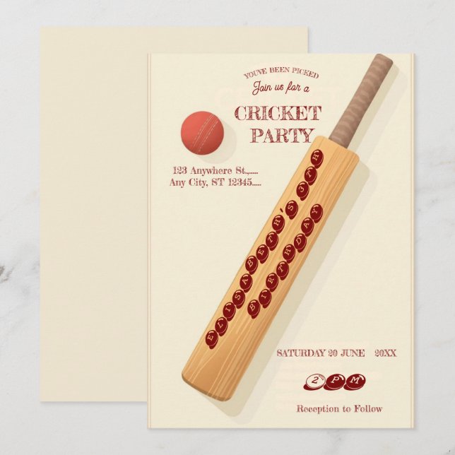 Invitación de cumpleaños de cricket (Anverso / Reverso)