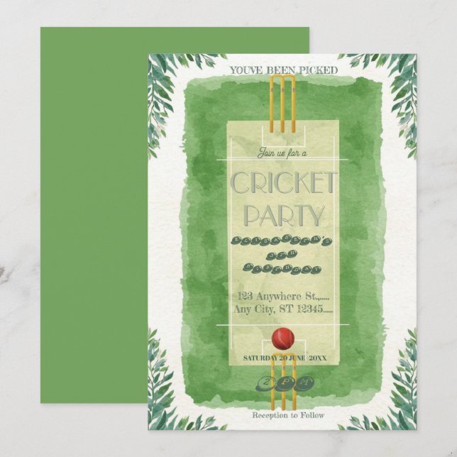 Invitación de cumpleaños de cricket (Anverso / Reverso)