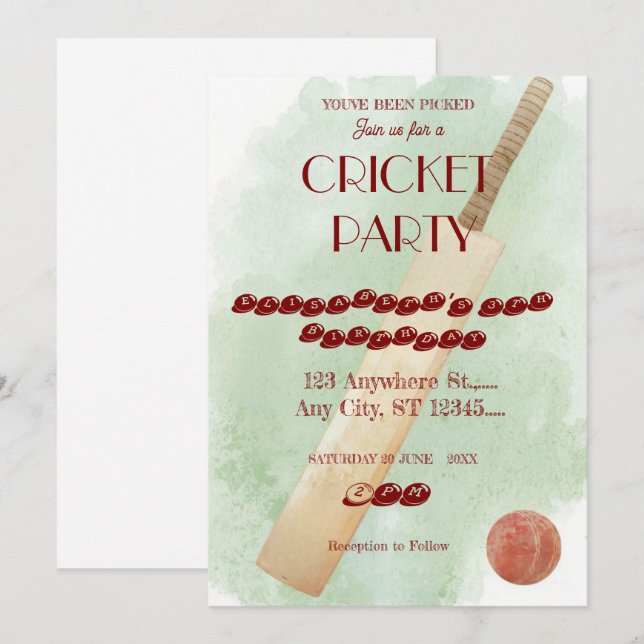 Invitación de cumpleaños de cricket (Anverso / Reverso)