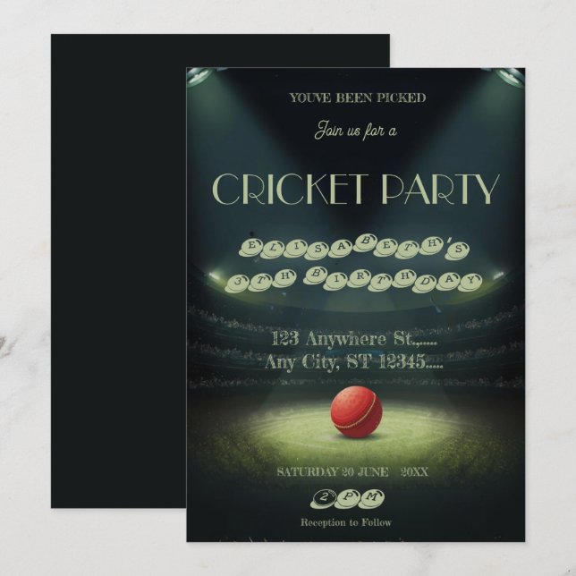 Invitación de cumpleaños de cricket (Anverso / Reverso)