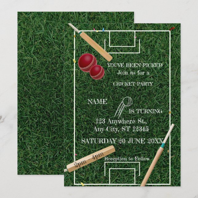Invitación de cumpleaños de cricket (Anverso / Reverso)