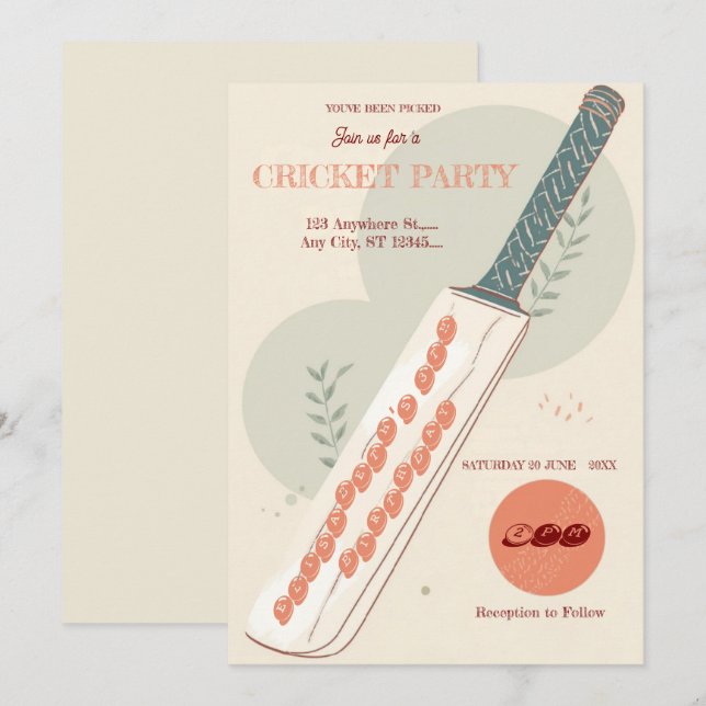 Invitación de cumpleaños de cricket (Anverso / Reverso)