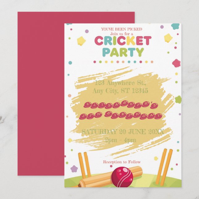 Invitación de cumpleaños de cricket partido de dep (Anverso / Reverso)