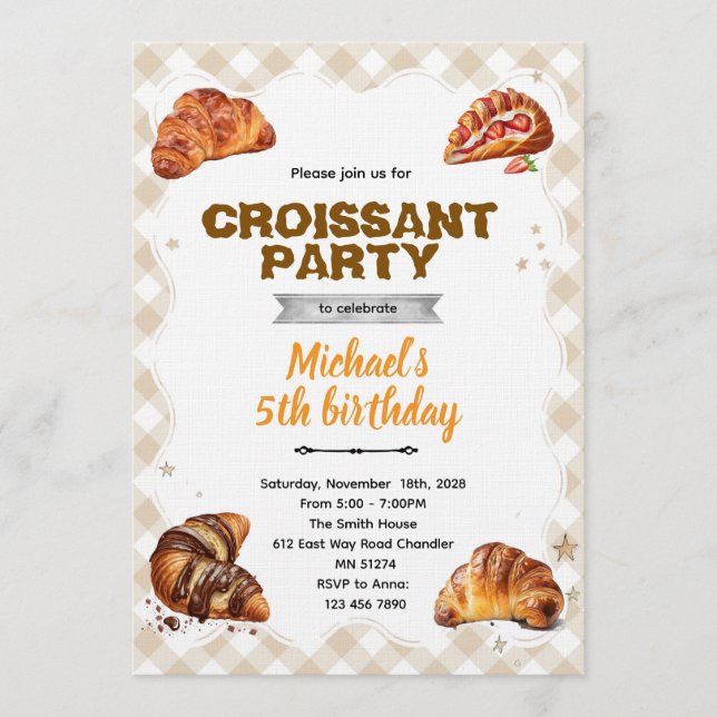 Invitación de cumpleaños de croissant (Anverso)